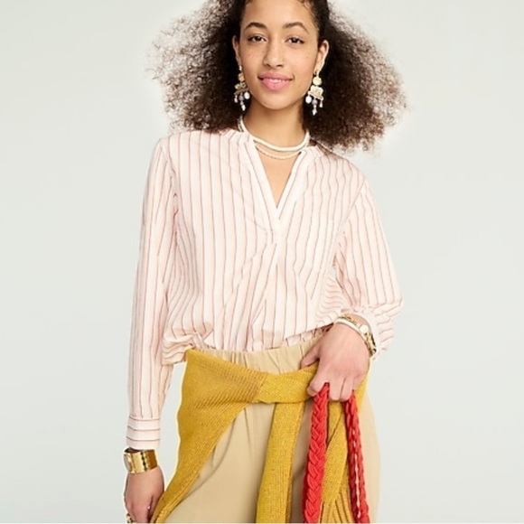 J crew vneck cotton poplin long sleeve popover ivory peach stripe - Picture 1 of 7